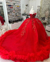 Off-Shoulder Ball Gown Beaded Lace Appliques & Ruffled Red Tulle Quinceanera Dress for Sweet 16 & Birthday Galas